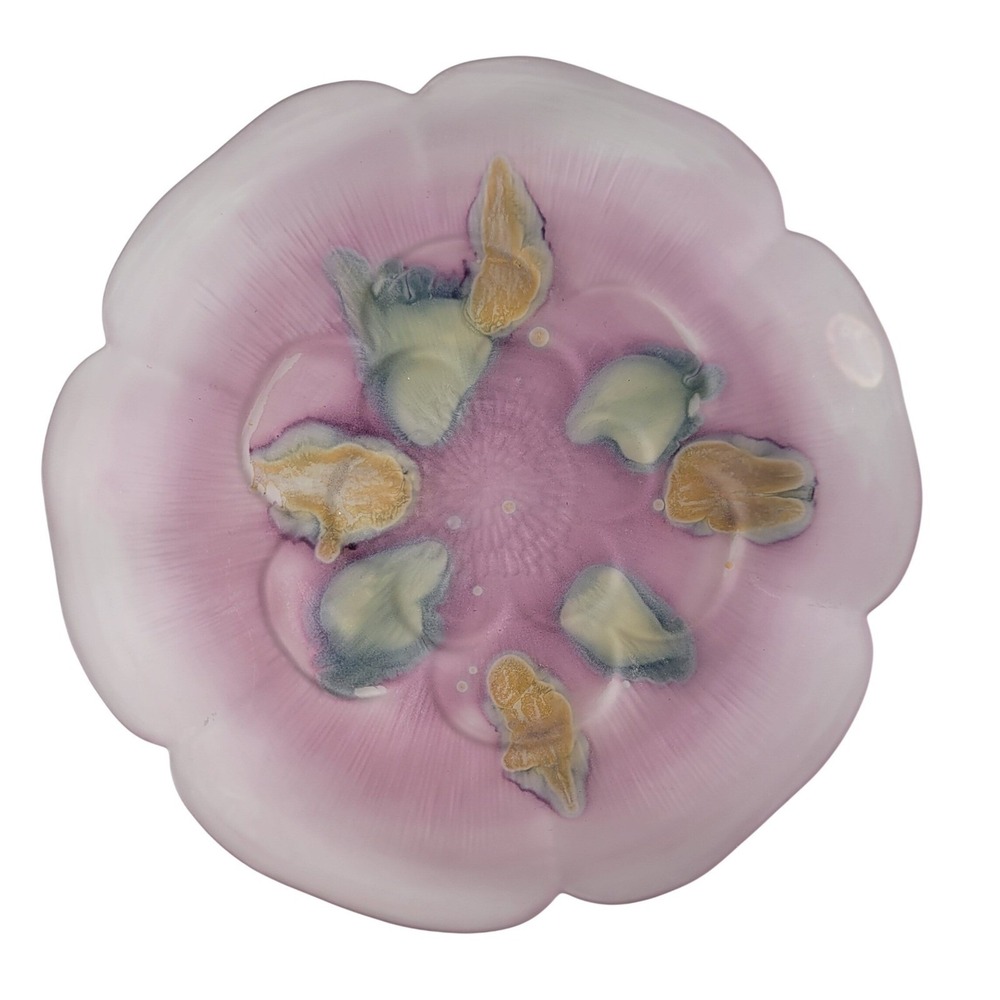 Al-Rama Glass Plate 7.5" Pink Hand Painted Scalloped Israel Art Glass